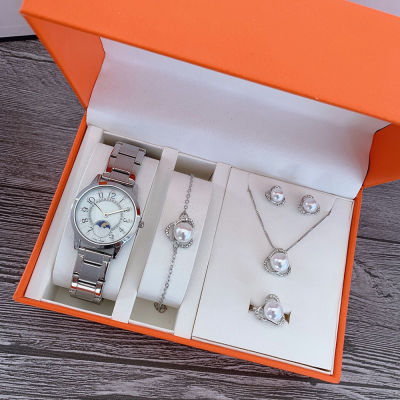 นาฬิกาผู้หญิงใหม่ชุดห้าชิ้น TikTok Live Diamond นาฬิกาควอตซ์แฟชั่นอินเทรนด์ผู้หญิงสายเหล็กนาฬิกาชุด