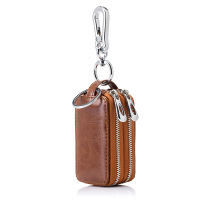 Genuine Cow Leather Home Car Keys Bag Double Pocket Zipper Mini Wallet Earth Yellow Men Womens Key Holder Transparent Pocket
