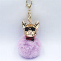10pcsLot Cartoon Sunglasses French bulldog Keychain Lovely Dog Animal Key Chain Hairball For Women Bag Charm Pendant Key Ring
