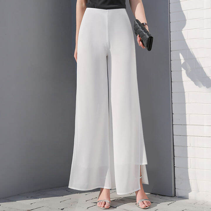 3 FREE SHIPPING】 Ruidiandian Fashion High Waist Slim Chiffon Wide-leg Pants  Chiffon Elegant Pants Loose High Waist Long Trousers Chiffon Side Split  Casual Palazzo Pants Wide Leg Pants M L XL 2XL