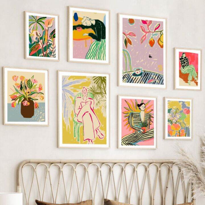 vintage-abstract-line-woman-flower-modern-wall-art-ภาพวาดผ้าใบ-nordic-โปสเตอร์และพิมพ์ภาพผนังสำหรับตกแต่งห้องนั่งเล่น-retro-และ-chic-theme