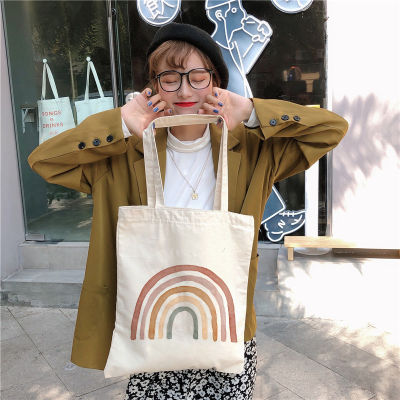 Rainbow Cotton Canvas Bag Womens Casual Shoulder Bags Lady Handbag Reusable Large Capacity Tote Bags Student Book Bag