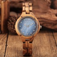 Charming Concise Blue Dial Rhinestone Quartz Wooden Watch Ladies Adjustable Wooden Band celet Watch Womens Wrist Reloj Mujer