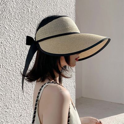 หมวกฟางเสื้อเปิดด้านบนสีริบบิ้นปรับแต่งได้สำหรับผู้หญิงพับได้หมวกชายหาดปีกกว้างกว้างหมวกป้องกันรังสี UV