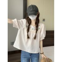 Doll Shirt Square Collar Stitching Flower Embroidery Loose French Style Puff Sleeve Shirt Top Womens Summer Design Sense Niche