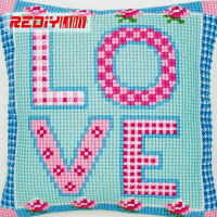 REDIY Cross Stitch Cushion Cover LOVE &amp; LIFE Decorative Pillow Case Chunky Yarn Cross-Stitch Kits Pre-Printed Cushion for Sofa