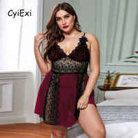 CyiExi Plus Size Sexy Lace Sleepwear Night Dress Women Hollow Out V-neck Sleeveless Dress + Thong Female Nightwear Nightgown Set