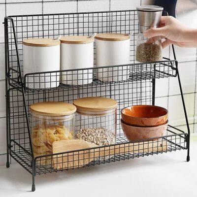 Iron Wire Kitchen Storage Rack Cosmetic Makeup Basket Metal Spice Seasoning Holder Bathroom Shelf Desktop Hollow Dish Organizer