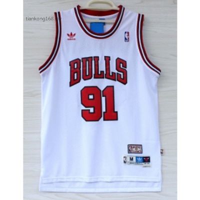 ใหม่ต้นฉบับ NBA ผู้ชาย Chicago Bulls 91 Dennis Rodman เสื้อบาสเก็ตบอลแบบปักสีขาว