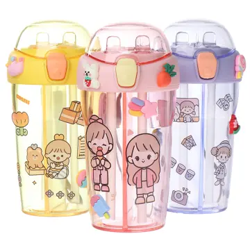 430ml Cute Children Double Drinking Water Bottle Straw Portable