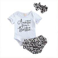 Baby Girls 3Pcs Summer Clothes Outfits Short Sleeve Letter Print Romper + Leopard Bloomers + Headband Set  by Hs2023