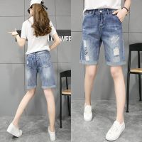 COD jfdss Women five point denim shorts cotton soft summer Korean simple style hole loose wide legs middle waist straight