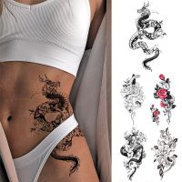 5PCS Waterproof Temporary Tattoo Sticker Dragon Snake Peony Rose Totem Dark Sexy Waist Tato Women Men Arm Fake Sleeve Tattoos