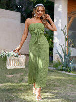 Simplee y strapless green tube jumpsuit summer women Holiday stripes lace up wide leg jumpsuits High waist knot long overall