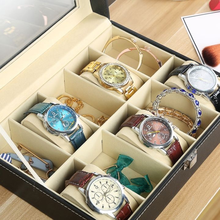 กล่องใส่กล่องแสดงนาฬิกาหนัง6-10-12ช่องใส่สีดำกำไลข้อมือแฟชั่นสตรีกล่องของขวัญที่ดีที่สุดสำหรับผู้ชายและผู้หญิง