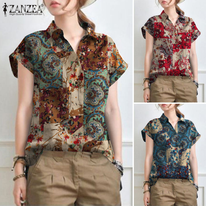 จัดส่งฟรี-เสื้อแขนสั้นผู้หญิง-fancystyle-zanzea-พิมพ์ลายดอกไม้ปกเสื้อทำงานวินเทจเสื้อทำงานสำนักงาน-7