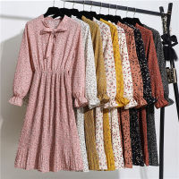 Floral Dress Female 2023 Spring New Floral Long Skirt Long-sleeved Bow-knot Waist Dress Korean Fashion Womens Clothing