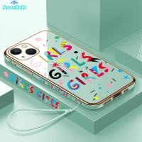 ZeroQiQi เคสโทรศัพท์ชุบเคสโทรศัพท์เด็กผู้หญิง,เคสนิ่มลายขอบสี่เหลี่ยมคำภาษาอังกฤษเก๋ไก๋ฟรีสายคล้องสำหรับ iPhone 15 Plus 15 Pro 15 15 Pro 15 Pro Max