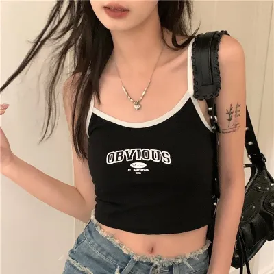 Vintage Letter Printed Camisoles Hanging Strap Bra Women Fixed Cup Strap Underwear Chest Pads One Piece Gathered Bottom Top