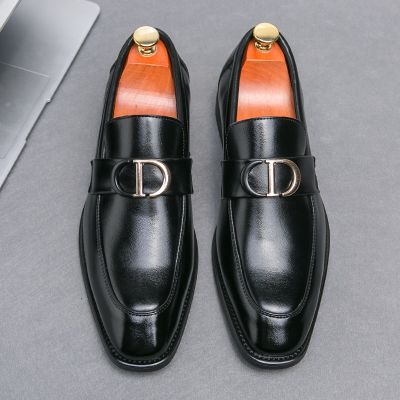 รองเท้ารองเท้าโลฟเฟอร์ผู้ชายหนังพียูสี่เหลี่ยมนิ้วสีดำรองเท้าชุดทำมือผู้ชายธุรกิจรองเท้าทางการขนาด38-46ของผู้ชาย