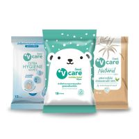 V care วีแคร์ ผ้าเปียก 3 สูตร แอนตี้แบคทีเรีย + สูตรธรรมชาติ + สูตรสะอาดพิเศษแอลกอฮอล์ 70%