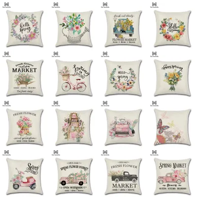 2021 New Hello Spring Floral Butterfly Cushion Covers Bike Flowers Creative Linen Pillowcase Decorative Sofa Couch Throw Pillows
