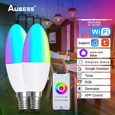 TUYA หลอดไฟ LED หลอดไฟอัจฉริยะ WiFi E14เชิงเทียน RGB แบบยุโรปหลอดไฟ Alexa โคมไฟ Go-Ogle Home ีบวัดแอนเดกซ์อลิซ100-240V เทอร์โมมิเตอร์ปรับแสงได้หลอดไฟมหัศจรรย์ควบคุมด้วยเสียง