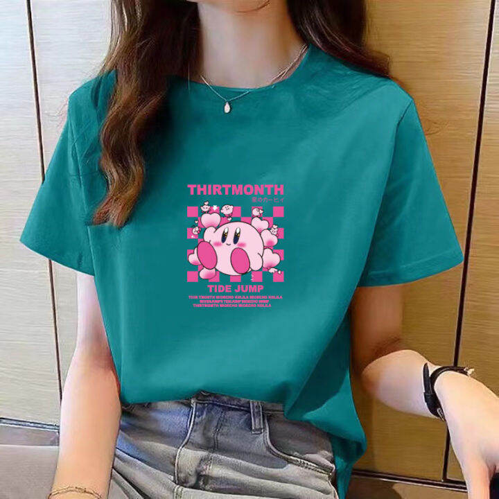 เสื้อยืดสำหรับผู้หญิงคอกลมแขนสั้นพิมพ์ลายการ์ตูนสีดำลำลองใหม่ฤดูร้อนเสื้อแฟชั่นสำหรับผู้หญิงหลวมง่ายสไตล์เกาหลี