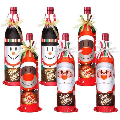 6 Pcs Christmas Wine Bags, Reusable Christmas Wine Bottle Covers with 6Pcs Drawstrings, Reindeer Santa Pattern