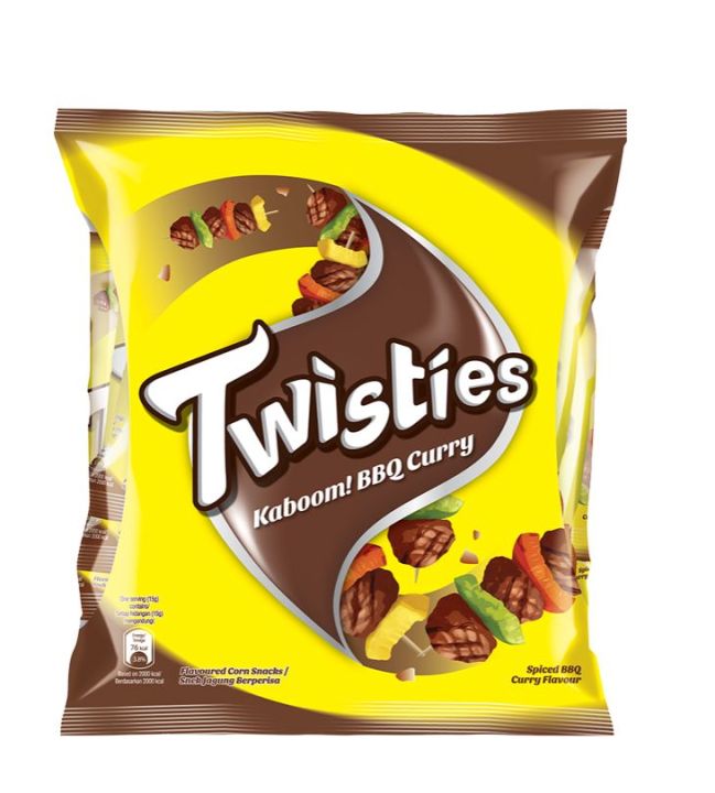 TWISTIES Twisties Kaboom BBQ Curry  ทวิสตี้ ข้าวผสมข้าวโพดอบกรอบรสบีบีคิว 1 แพ็ค มี 8 ห่อ น้ำหนัก 13g x8  exp.18/03/24