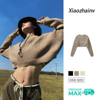 Xiaozhainv เกาหลีสั้นคอกลมถักเสื้อแขนยาวตัดด้านบนสำหรับผู้หญิง