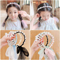 เด็ก Pearl Streamer Headbands เจ้าหญิง Solid Organza ided Bowknot Hairbands สำหรับเด็กทารก Hoops อุปกรณ์เสริมผม