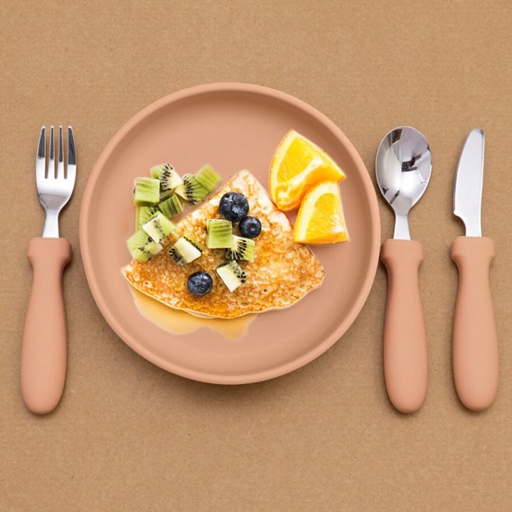 จานซิลิโคนทานอาหารสำหรับเด็ก4ชิ้น-เซ็ตพร้อมตัวดูดชามสแตนเลสช้อนส้อมอุปกรณ์บนโต๊ะอาหารสำหรับเด็กปราศจากสาร-bpa