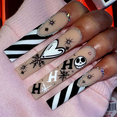 White &amp; Black Fake Nail Halloween Style Manicure Nail Art Matte Artificial Nail for Women and Girl Nail Salon