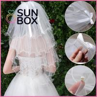 SUN BOX อุปกรณ์จัดงานแต่งงาน สองชั้น สั้นง่าย งาช้างสีขาว ผ้าคลุมหน้าเจ้าสาว พร้อมหวี ผ้าคลุมหน้างานแต่งงาน ผู้หญิง Tulle