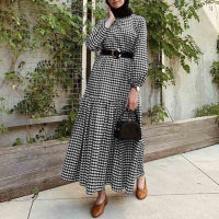 Arab National Costume Plaid Long Sleeve Midi Muslim Womens Costume S-5Xl Large Size Summer Dress