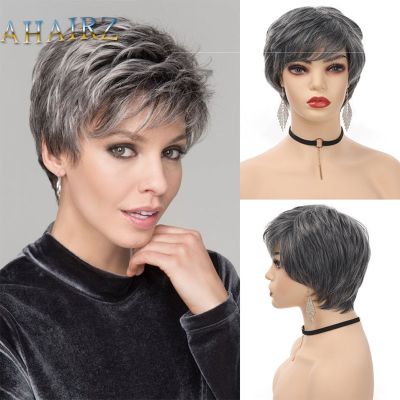 AHAIRZ Synthetic Gray White Short Bob Curly Wig With Bangs No Lace Wigs For Women Cosplay Daily Wear Pixie Cut Fake Hair