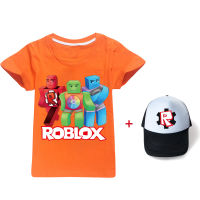 Ro-Bloxs แขนเสื้อสั้นเด็กผู้ชายเสื้อยืดหญิงเสื้อยืดคอกลมพิมพ์ลายหมวกแฟชั่นแขนสั้น + ป่าหมวกการ์ตูนบุคลิกภาพ1074เด็กเสื้อผ้าสบายๆฤดูร้อนหลวมกีฬา Tops