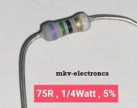 (20ตัว) 75R , 75โอห์ม , 1/4Watt 5% Metal Oxide Flim Resistor