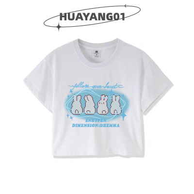 HUAYANG01 [2023แฟชั่นสุดฮอตใหม่] เสื้อยืดแนวสตรีทพิมพ์รูปกระต่ายเสื้อผู้หญิงคอกลมเสื้อครอปเสื้อแขนสั้นรัดรูป