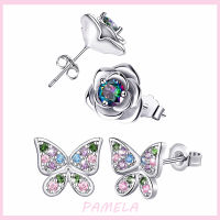 PAMELA 925 Sterling Silver Butterfly Zircon Earrings Rose Flower Stud Heart Print Animal Earrings Fashion For Women Gift Jewelry