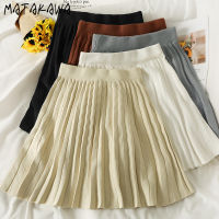 Matakawa Knitted Mini Skirts Vintage Elastic Waist Slim Pleated Faldas Autumn Winter Solid All-match High Street Elegant Jupes