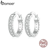 Bamoer 925 Sterling Silver Luxury Zircon Ear Buckles Simple Round Hoop Earrings For Women Party Fine Jewelry Gift BSE868