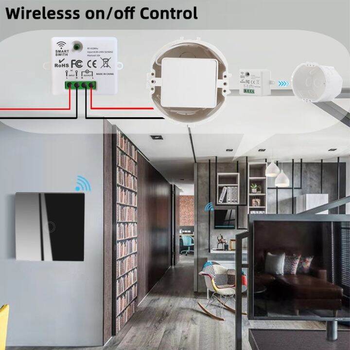 สวิตช์ติดผนังระบบสัมผัสไร้สายสวิตช์ไฟอัจฉริยะ433mhz-rf-พร้อมรีโมทคอนโทรลแผงสวิตช์กระจกเทมเปอร์สำหรับโคมไฟ-led-บ้าน220v