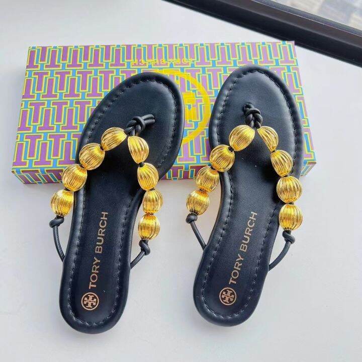 2023-new-tory-burch-capri-series-two-colors-beaded-leather-flat-flip-flops