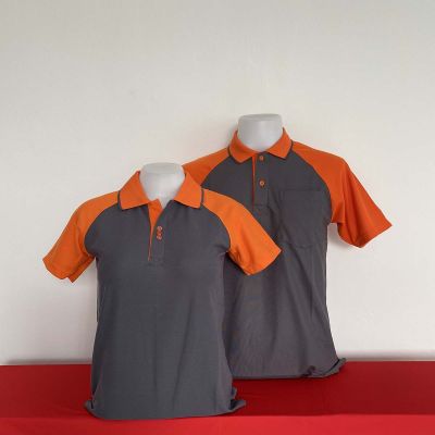 เสื้อโปโลคอปก polo shirt แบบชาย สีเทาแขนส้ม จากโรงงานผลิตเสื้อโปโลโดยตรง เนื้อผ้านุ่ม สวมใส่สบาย ซักง่ายแห้งไว มีบริการส่งเก็บเงินปลายทาง