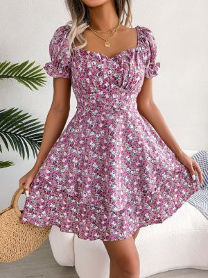 Women Casual Floral Print Short Sleeve Slim Waist Ruffles A Line Dress Summer Clothing