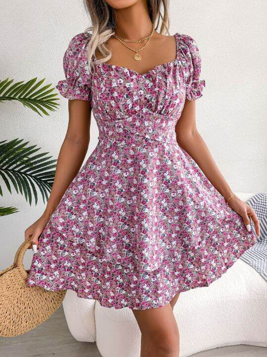 women-casual-floral-print-short-sleeve-slim-waist-ruffles-a-line-dress-summer-clothing