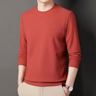 HOT11★BROWON 2023 Spring Autumn Fashion Waffle Sweater Men Fashion Long Sleeve Round Neck Pullover Cal Top Mens Sweater