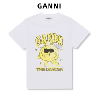 เสื้อยืดเสื้อคอคลมแขนสั้นลำลองพิมพ์ลายกระต่ายสีเหลืองสีขาวสไตล์ร็อค GANNI แบบผู้หญิง